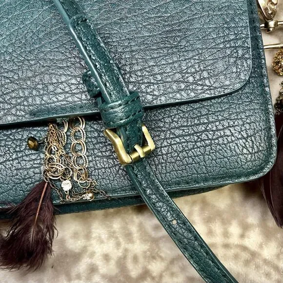Boho Faux Leather Crossbody Clutch Purse w Feather Charm Adj Strap 6x8.5 - Picture 4 of 13